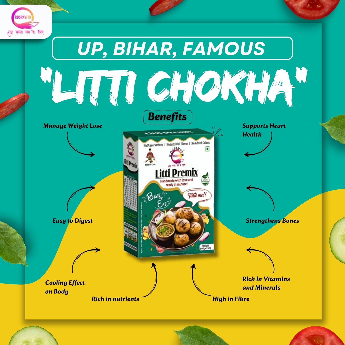 Litti Premix | Atta 200g, Sattu 80g, Chokha 70g and Peanut Chutney 50g, Seasoning | Taste of Bihar | Ready To Cook