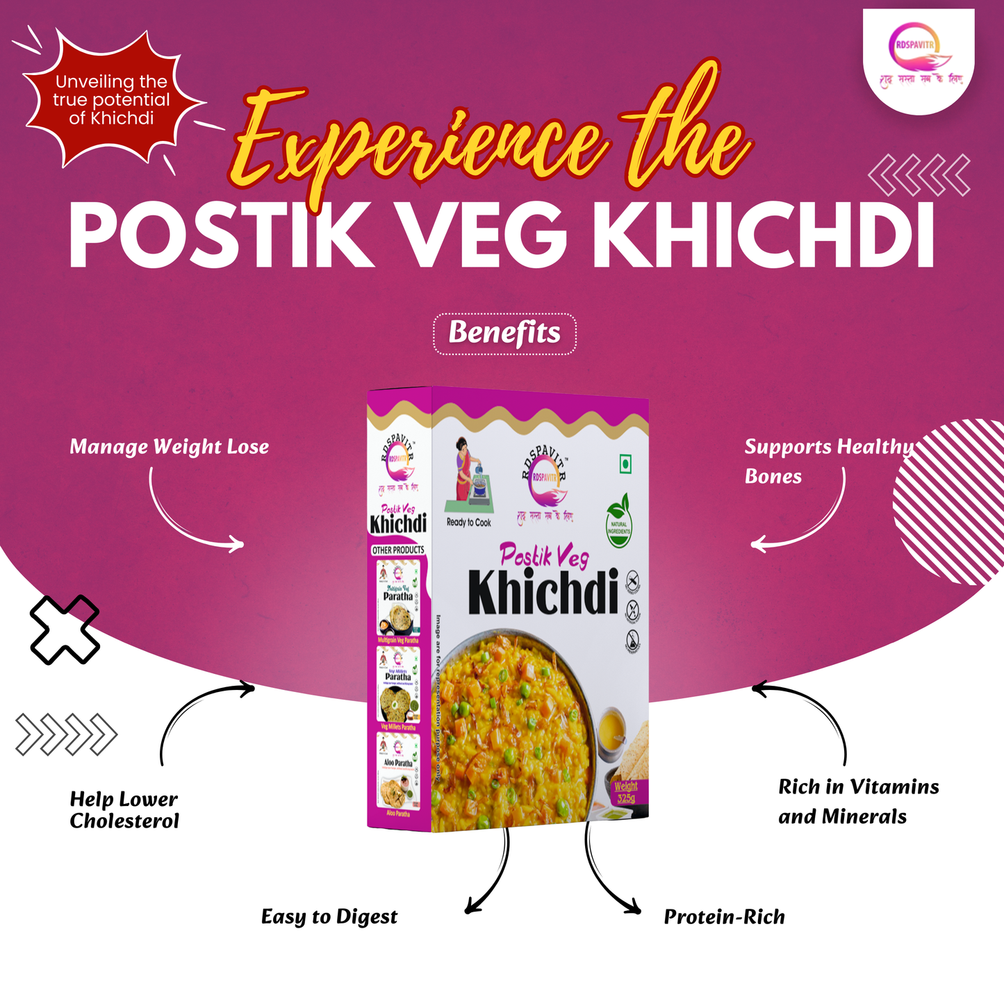 Postik Veg Khichdi | Premix Khichdi 300 Gm, Peanut Chutney 50g and Mix Pickle 50g | Ready in 10 Minutes | Rich in Protein & High Fiber