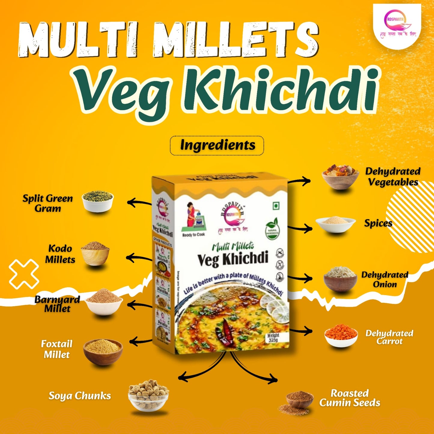 Multi Millets Veg Khichdi | Premix Khichdi 300 Gm, Peanut Chutney 50g and Mix Pickle 50g | Made With Natural Ingredients | Rich in Protein & High Fiber
