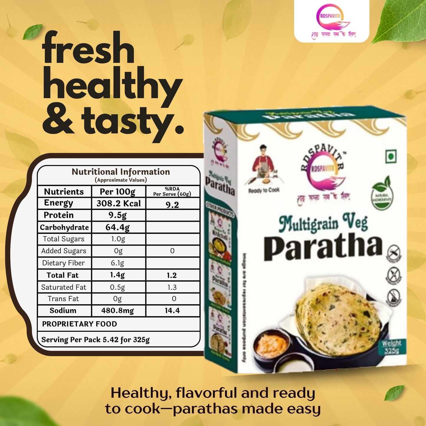Wheat Free Multigrain Veg Parath | Paratha Premix 300 Gm, Peanut Chutney 50g and Mix Pickle 50g | Ready To Cook | No Preservative | Made With Natural Ingredients