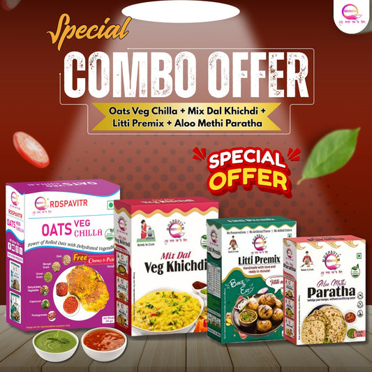 Heritage & Health Combo – Oats Chilla, Mix Dal Khichdi, Litti, and Aloo Methi Paratha in One Nutritious Pack
