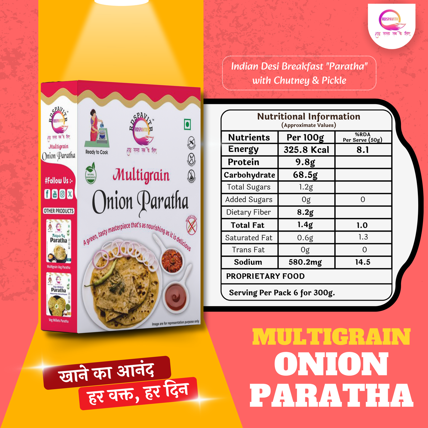 Multigrain Onion Paratha | Paratha Premix 300 Gm, Peanut Chutney 50g and Mix Pickle 50g | Ready To Cook | No Preservative | Made With Natural Ingredients