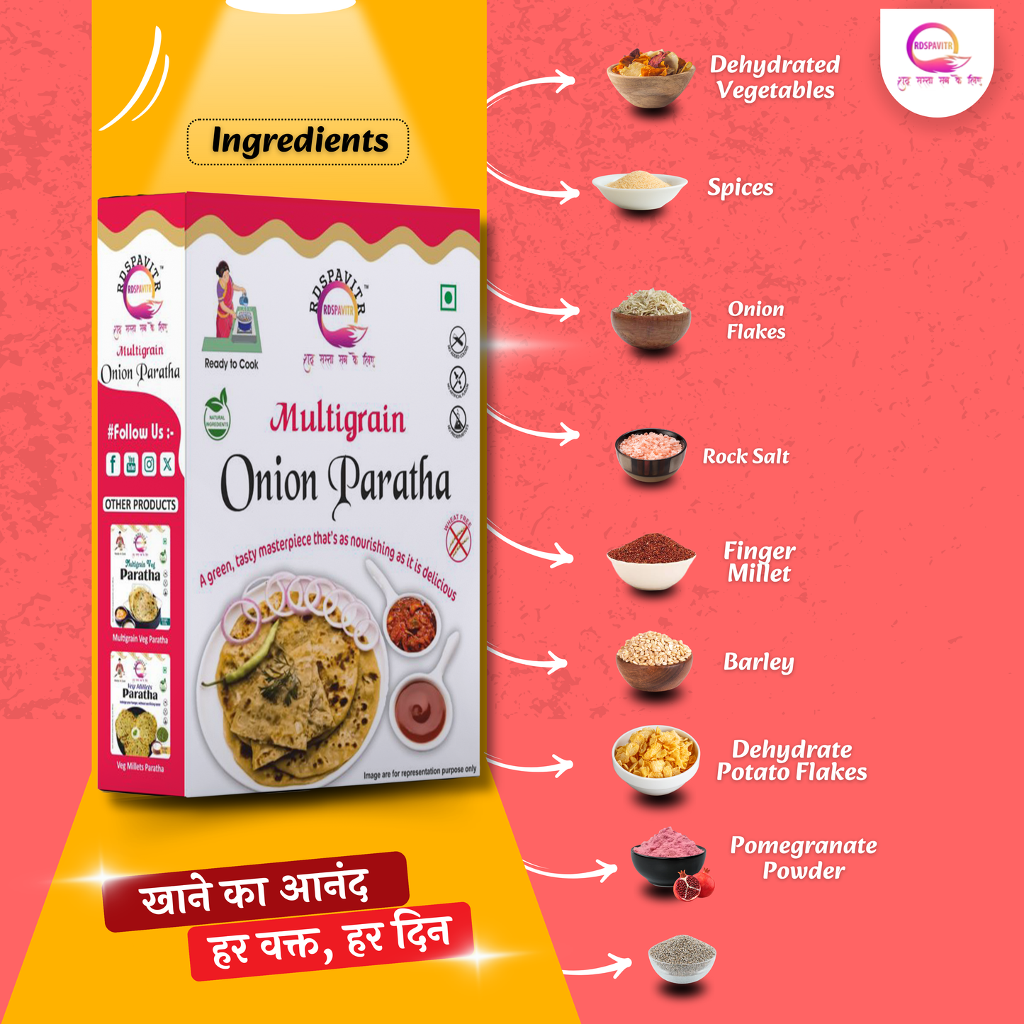 Multigrain Onion Paratha | Paratha Premix 300 Gm, Peanut Chutney 50g and Mix Pickle 50g | Ready To Cook | No Preservative | Made With Natural Ingredients