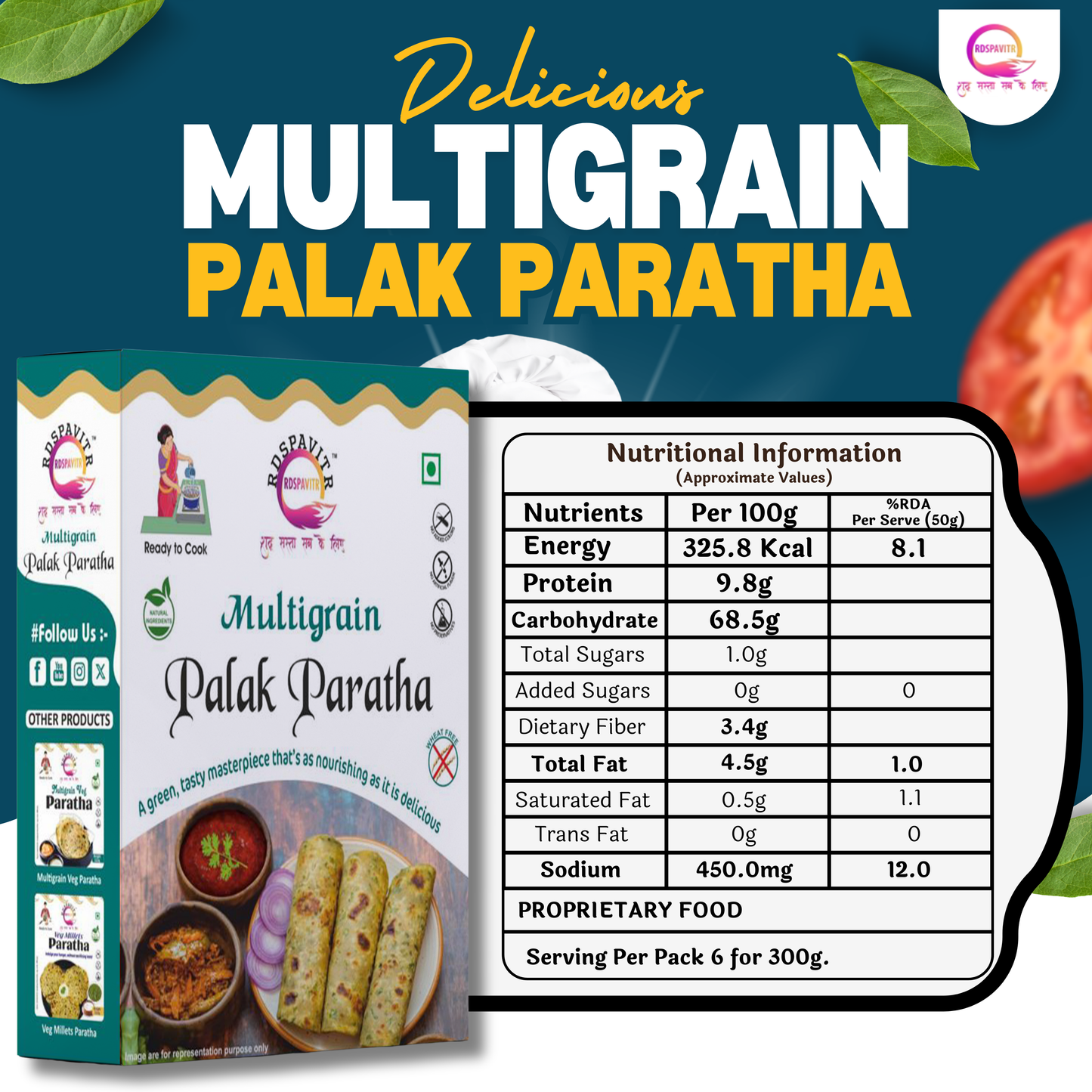 Multigrain Palak Paratha | Paratha Premix 300 Gm, Peanut Chutney 50g and Mix Pickle 50g | Ready To Cook | No Preservative | Made With Natural Ingredients