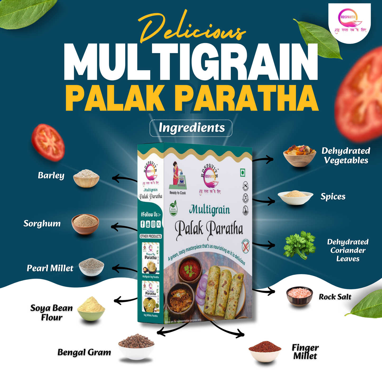 Multigrain Palak Paratha | Paratha Premix 300 Gm, Peanut Chutney 50g and Mix Pickle 50g | Ready To Cook | No Preservative | Made With Natural Ingredients